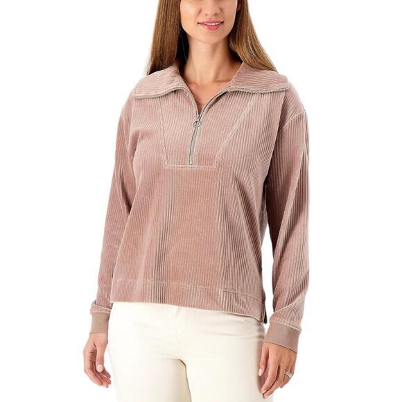 Encore by Idina Menzel Tops - Encore by Idina Menzel Half-Zip Corded Velour Mock Neck Top Wood - Regular